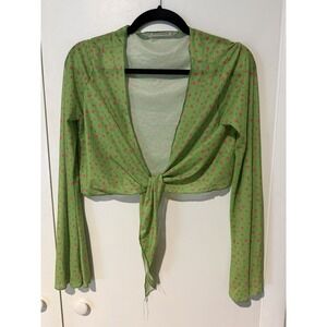 Urban Outfitters Tie Front Bell Sleeves Cropped Top Sz M/L Green Pink Top